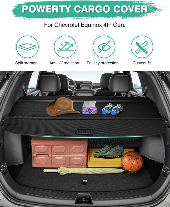 Powerty Cargo Cover for 2025 2026 Chevy Chevrolet Equinox & GMC Terrain Accessories Trunk Cover with Leather Pouch Retractable Trunk Shielding Shade Cargo Luggage Cover No Gap (Not for Equinox EV)