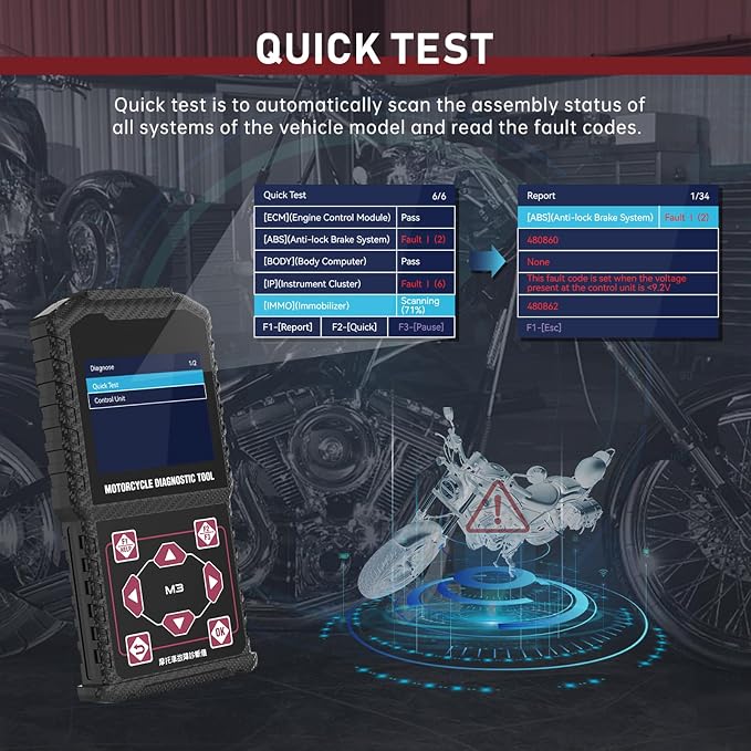 M3‑A Motorcycle Diagnostic Tool for Honda 4P, Kawasaki 4‑6P, Yamaha 2/3/4P – Read/Clear Fault Codes & Live Data, ECU/Service/Throttle Reset, ABS Bleed, OBD2 Scanner