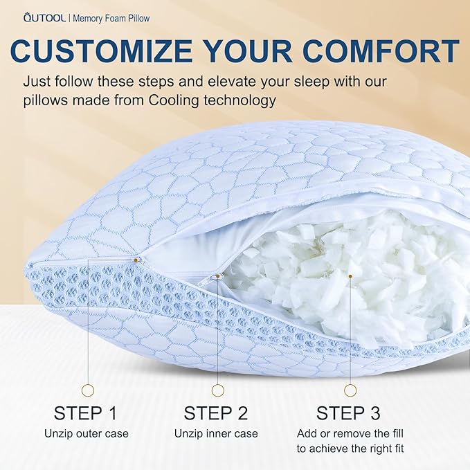 QUTOOL Enhanced Cooling Pillows for Sleeping, CertiPUR-US Shredded Memory Foam Pillows Queen Size Set of 2 for Hot Sleeper, Adjustable Bed Pillow for Side, Back, Stomach Sleepers Support Yet Soft Blue