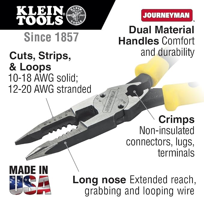 Klein Tools J207-8CR Needle Nose Pliers are All-Purpose Linesman Pliers for Crimping & 32308 Multi-bit Stubby Screwdriver, Impact Rated 8-in-1 Adjustable Magnetic Tool with Phillips