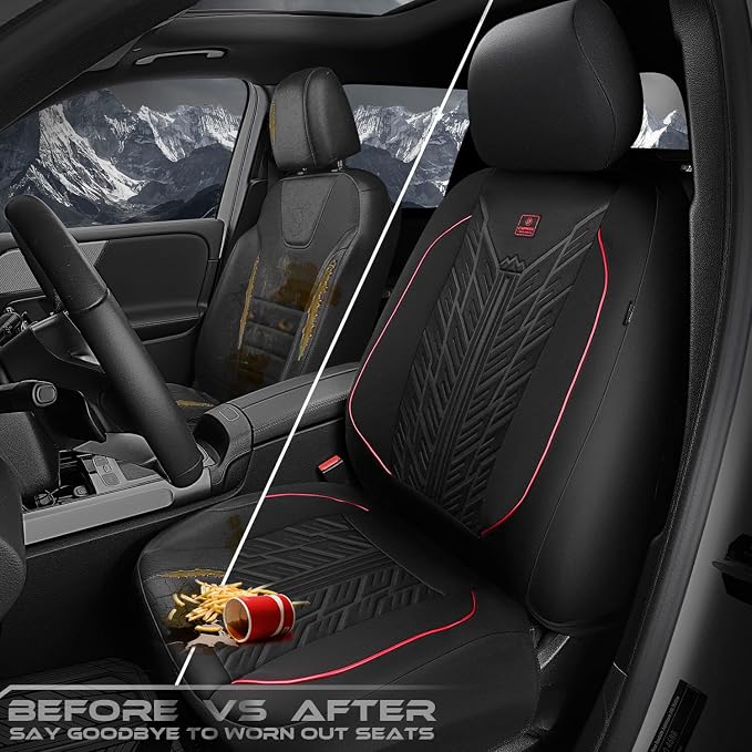 CAR PASS Waterproof Car Seat Covers Front Seats,Neoprene Seat Covers 3D Tyre Embossed,All-Weather Automotive Seat Cover Non-Slip Durable,Universal Fit for SUVs Cars Trucks, Airbag Compatible,Black Red