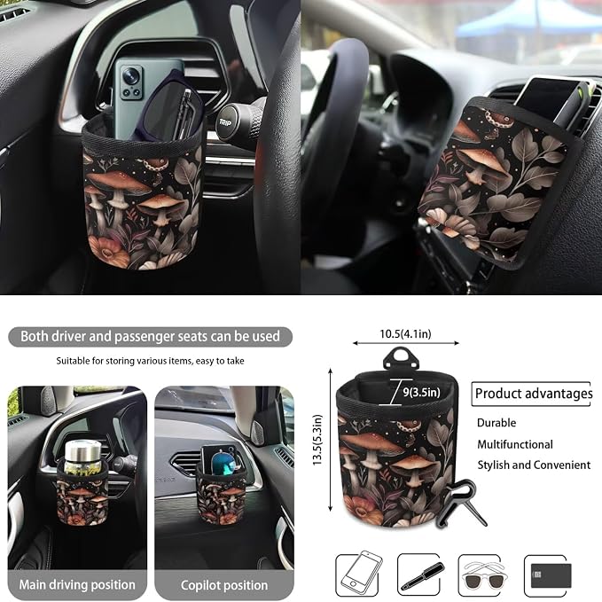 Mushroom Butterfly Flower Pattern Car Seat Covers Full Set, 10Pcs Car Accessories Steering Wheel Cover + Keychain + Coasters + Car Trash Bin + Air Vent Pounch Bag for Women Men