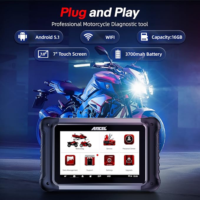 ANCEL MT700 Motorcycle OBD2 Scanner Full Systems, ABS Transmission Diagnostic Tool with 35+ Reset Functions for Aprilia/Benelli/MMW/BRP/Ducati/Harley/Honda/Indian/Suzuki,Android, 7” Touch Screen, 16GB