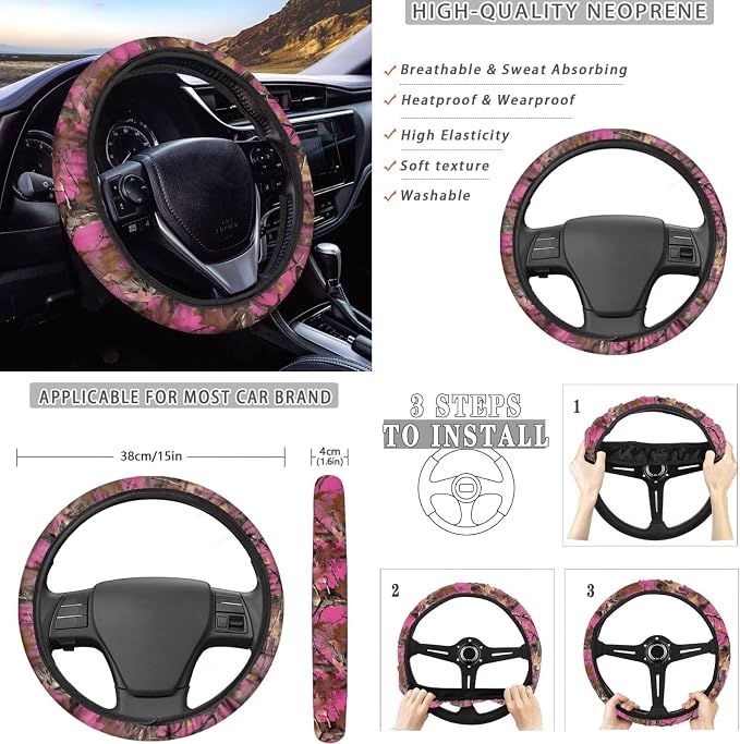 KEIAHUAN Pink Camo Hunting Car Seat Cover Full Set 11 Pieces Front & Back Seat Covers with Handbrake and Gear Shift Knob Cover, Headrest Cover, Coasters, Non-Slip Car Steering Wheel Cover, Coasters