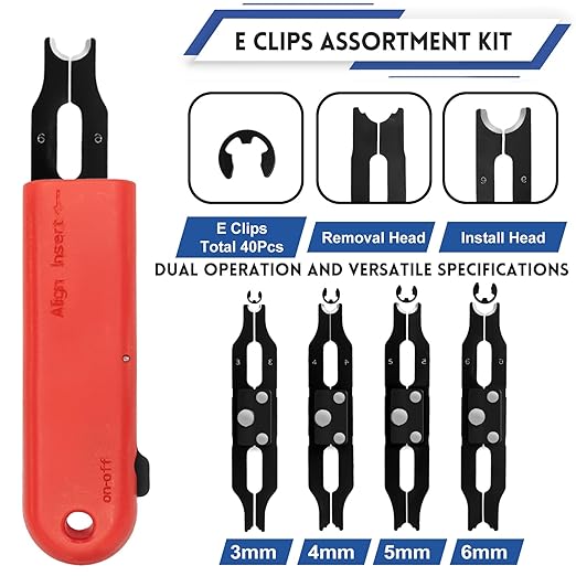 E Clip Tool, E Clips Removal and Installation Assortment Kit Tool Set, Exchangeable 4 Sizes (3/4/5/6mm) Clip Rings Kit & 40Pcs E Clips