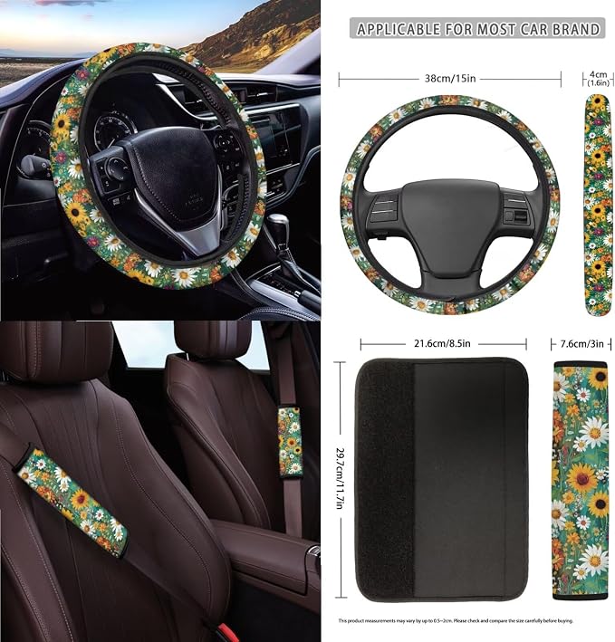 Oil Painting Sunflower Daisy Pattern Car Seat Covers Full Set Steering Wheel Cover Trash Can Air Vent Storage Bag Seatbelt Covers Rearview Mirror Cover Cup Coasters 15pcs Car Interior