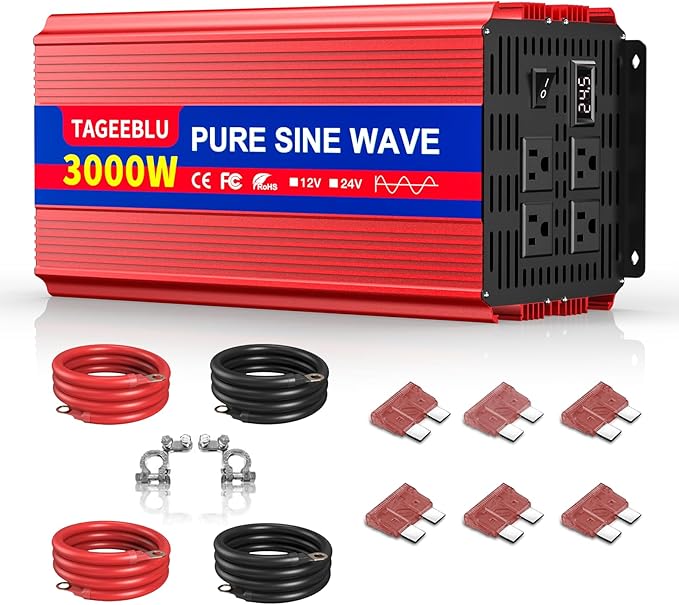 3000W 24V Pure Sine Wave Inverter, 24V DC to 110V/120V AC Power Inverter for RV、Off Grid、Truck、Power Outage with 4 AC outlets and LCD Display