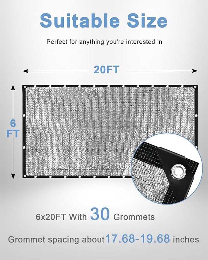 vensovo 95% Aluminum Shade Cloth - Reflective Aluminium Shade Netting Sun Shade Cover with Grommets for Cars, Dogs, Outdoor, RV, Patio (6x20FT)