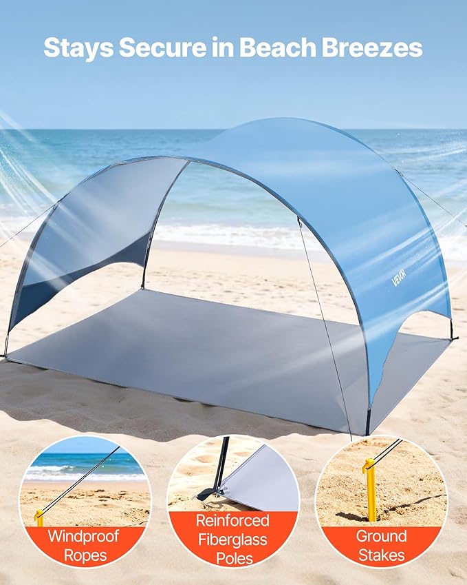 VEVOR Beach Tent Sun Shelter for 4 Person, UPF 50+, Portable Sun Shade Beach with Carrying Bag & Ground Stakes, Lightweight and Easy Setup Beach Umbrella for Camping Fishing Outdoor Picnic