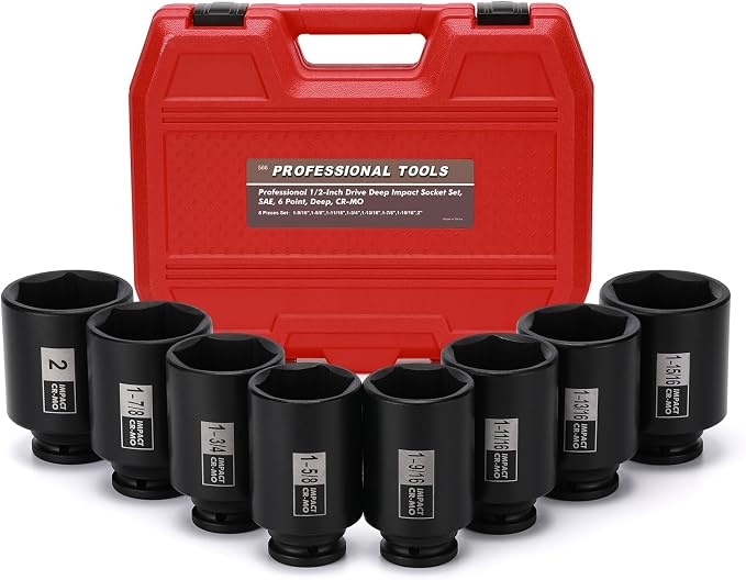 Mayouko 1/2" Drive Spindle Axle Nut Impact Socket Set, CR-MO, 6 Point, 1-9/16",1-5/8",1-11/16",1-3/4",1-13/16",1-7/8",1-15/16",2", SAE, 90mm Length