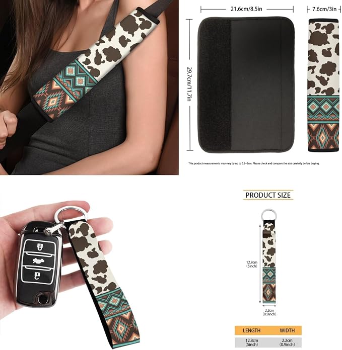 Aztec Brown Cow Print Car Seat Covers Set of 15 with Universal Steering Wheel Cover, Rearview Mirror Cover, Car Trash Can, Seatbelt Pads, Cup Holder Coasters, Keychains