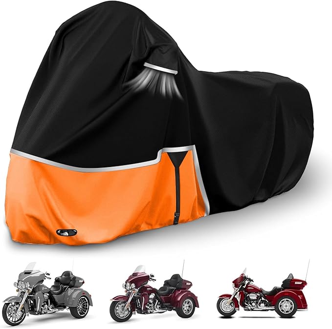 Trike Cover, 420D Heavy Duty Waterproof 3 Wheel Motorcycle Cover for Harley Davidson, Honda Goldwing, Kawasaki Trike Accessories, with Windproof Buckle, Reflective Strap, Black/Orange