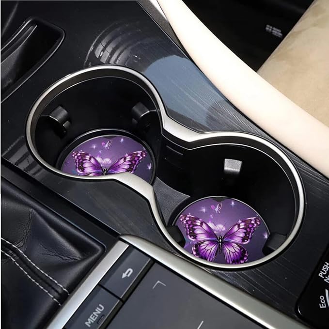 BIGCARJOB Purple Butterfly Car Seat Cover Full Set 15 Pieces Butterfly Print Car Interior Accessories Set with Universal Steering Wheel Cover Car Trash Can Hanging Seat Headrest Covers for Womens