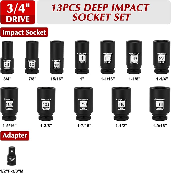 EMENTOL 3/4" Drive Deep Impact Socket Set,13 Pieces Jumbo Sockets, SAE (3/4" to 1-9/16") with 1/2"F to 3/4"M Adapter, 6-Point, CR-MO Steel