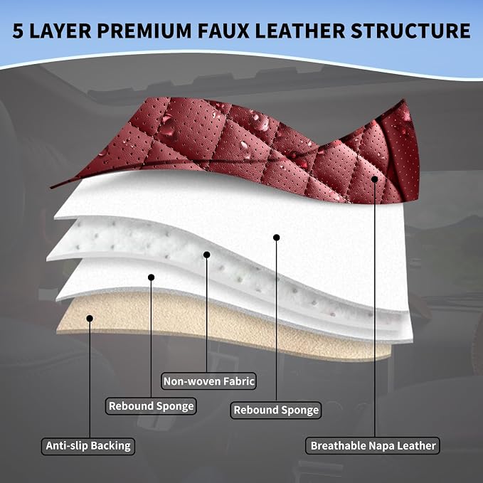 Red Leather Car Seat Covers Full Set Breathable Seat Protectors Waterproof Automotive Seat Covers Universal Fit for Most Cars SUVs Trucks Vehicles