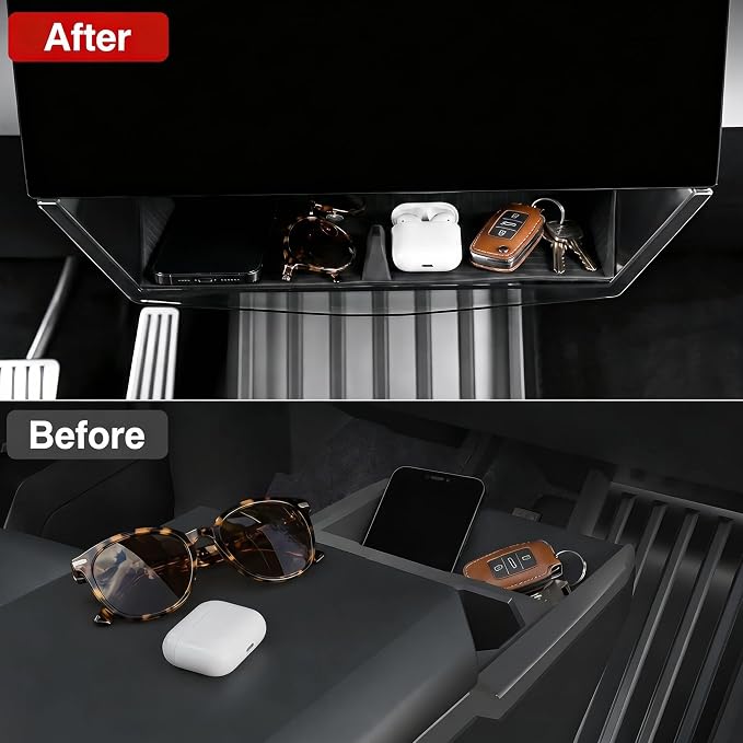 Under Screen Storage Box for 2024 2025 2026 Tesla Cybertruck, Center Console Hidden Dashboard Organizer Tray with Anti-Slip Liner, Quick & Stable Installation Cybertruck Interior Accessories