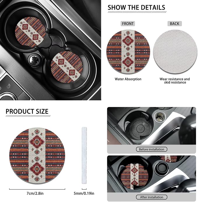 Wanyint Car Seat Cover Full Set 11 Pack, with Steering Wheel Gear Shift Knob Handbrake Headrest Protector Coasters Auto Accessories Decor Universal Fit, Ethnic Tribal Aztec Red