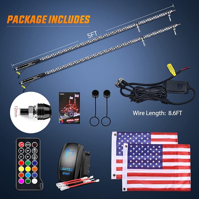 Nilight 2PCS 5FT Spiral RGB Led Whip Light w/RGB Chasing Modes RF Remote Control Lighted Antenna for Can-am ATV UTV RZR Polaris Dune Buggy 4 Wheeler Offroad Jeep Truck