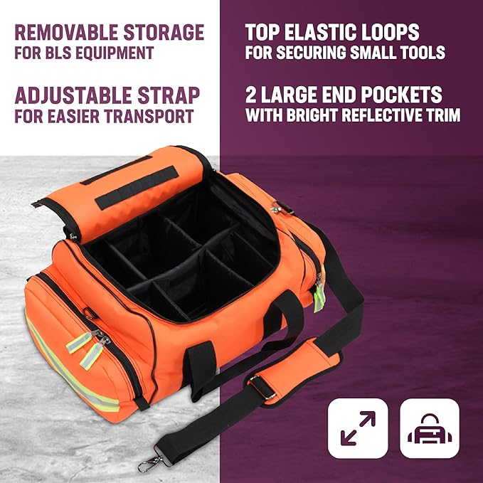 Kemp USA Maxi Trauma Bag Large First Aid EMS Bag Water-Resistant 600D Nylon First Responder Medical Survival Gear Buckle Closure Reflective Trim Orange