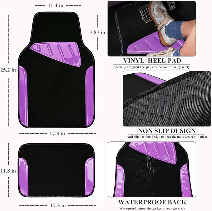 CAR PASS Jelly Waterproof Universal Fit Car Floor Mats, Girly Car Carpet Mats with Anti-Slip Nibbs Backing & Driver Heel Pad Fit for SUV, Vans, sedans, Trucks,Cute car mats of 4pcs for Women (Purple)