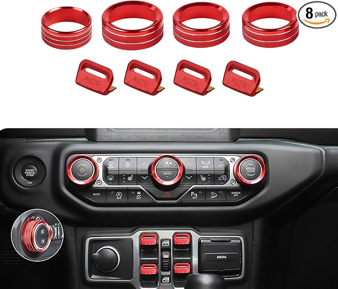 JeCar JL Switch Button Covers Window Control Air Conditioner Headlight Volume Radio Knob Trims Interior Accessories Compatible with Jeep Wrangler JL JLU 2018-2026 & Gladiator JT 2020-2026, Red