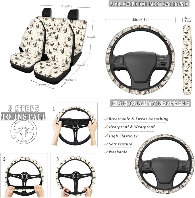Suobstales Rooster Chicken Flower Print Car Seat Cover Interior Accessories Set of 13, Steering Wheel Covers, Car Trash Can, Seatbelt Cover, Coasters, Keychains, Rearview Mirror Cover Universal Fit