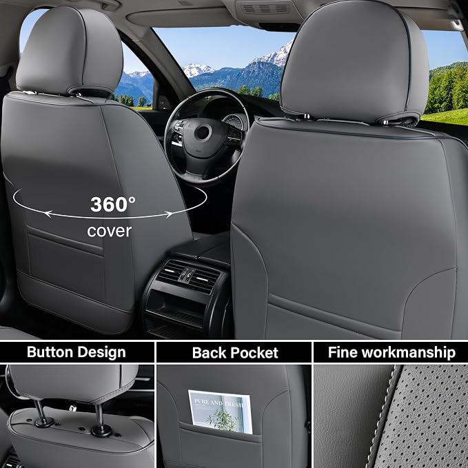 Coverado Car Seat Cover Front Seat, Gray Seat Covers Front Seats, Nappa Leather Waterproof, Car Seat Cushion, Car Seat Protector Universal Fit Most Cars