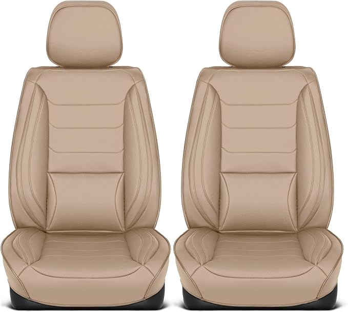 MotorBox Meridian Series Napa Leather Seat Covers for Cars, Classic Cushion Front Seat Covers, Premium PU Leatherette Beige Car Seat Covers with Classic Line Design, Cars Trucks SUVs