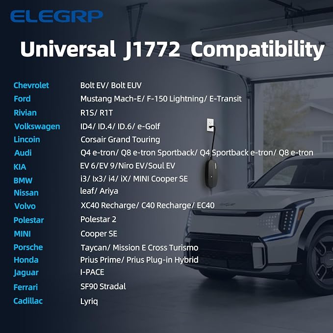 ELEGRP Level 1/2 EV Charger, 16 Amp, Portable J1772 Charger, 25FT Cable, NEMA 6-20 & 5-15 Adapter, Electric Car Charger 110V-240V for BEVs PHEVs, PBE & LRC Technology