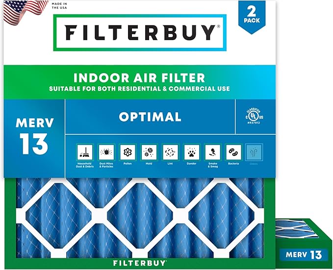 Filterbuy 23.5x23.5x2 Air Filter MERV 13 Optimal Smoke & Allergy Defense (2-Pack), Electrostatic Pleated HVAC AC Furnace Filters Replacement (Actual Size: 23.38 x 23.38 x 1.75)