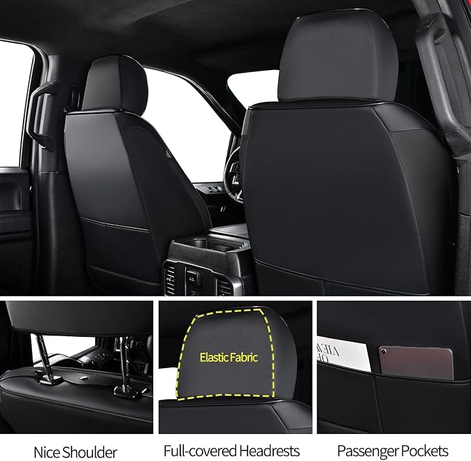 Ranger Seat Covers, for 2019-2023 Ford Ranger XLT XL Lariat Crew Cab, Napa Leather Seat Protector (Full Set, Black)