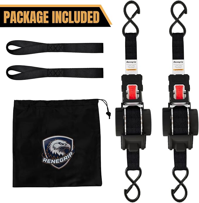 Retractable Ratchet Straps Heavy Duty Tie Down 1''*12ft Breaking Strength 1760LBS Cargo Securing System, for Motorcycle, Jetski, Kayak(2 Pack,Black)
