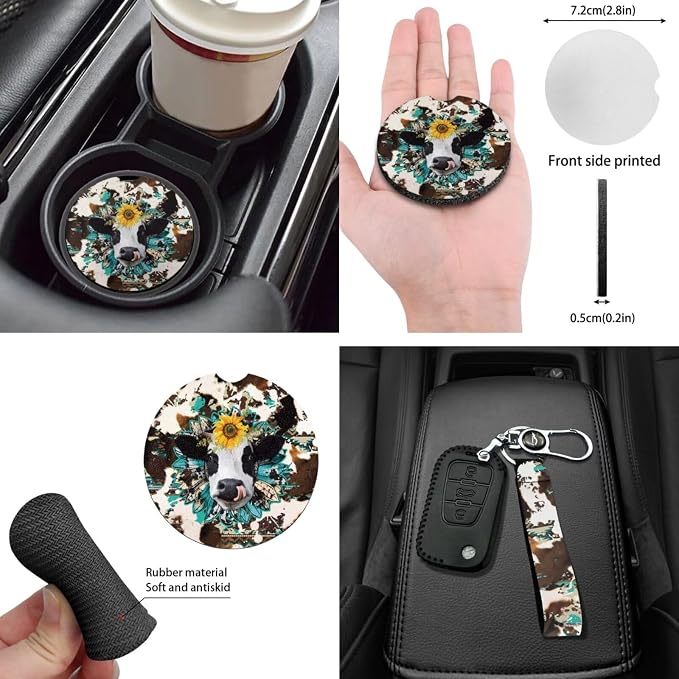 Cow Car Seat Covers Sets14pcs,Sunflower Western Cow Auto Seat Protector Pad+Seatbelt+Steering Wheel Cover+Car Coasters+ Interior Mirror Accessory+Cowhide Keychain for Women Men