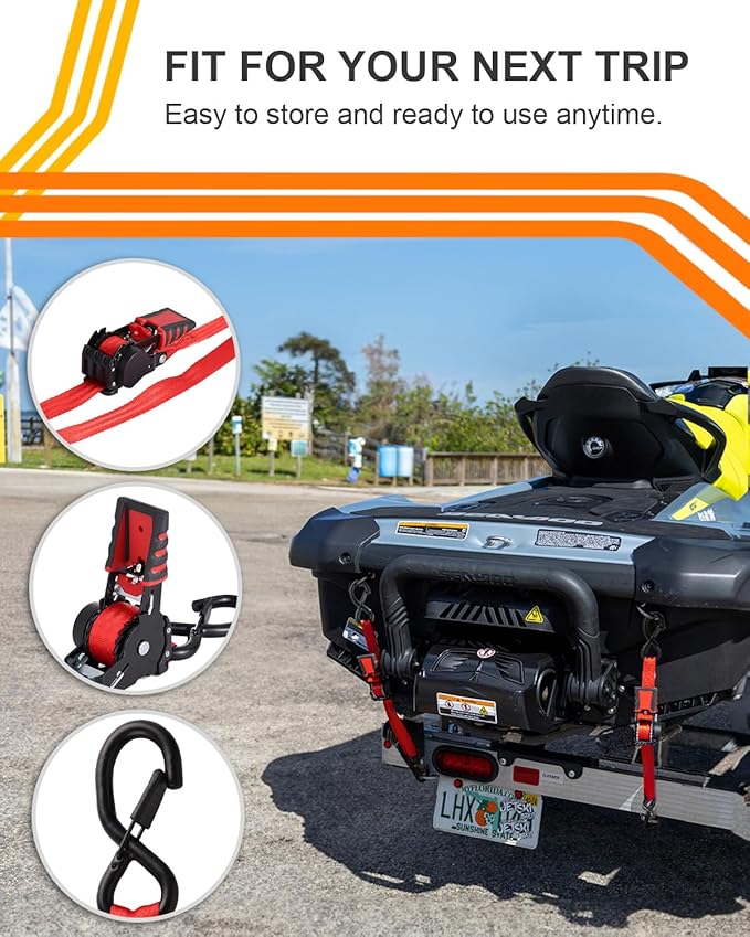 Strapinno Retractable Ratchet Straps - 1 in x 2.5 ft Heavy Duty Adjustable Boat Transom Tie Down, 2PCS, 2400lbs Breaking Strength, Safety S Hooks, for Boat, Jetski, Seadoo, Waverunner, and PWCs (Red)