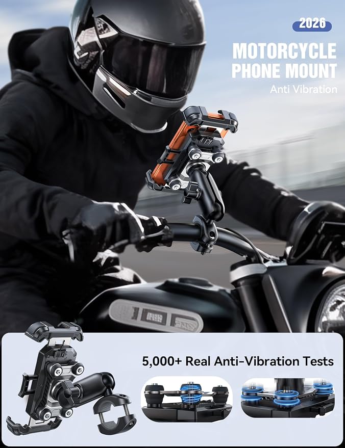 JOYROOM Motorcycle Phone Mount Holder - [Dual Vibration Dampener]100mph Anti-Shock Phone Holder for Motorcycle [Metal Extension Handlebar Clamp] Bicycle Bike Phone Holder Mount for 4.7-7" Cell Phones