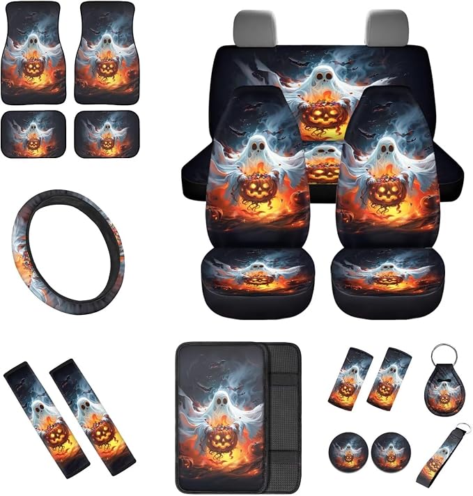 Halloween Ghost and Pumpkin Car Seat Covers Full Set with Steering Wheel Cover Floor Mats Armrest Cover Seat Belt Pads Roof Handle Wraps Cup Coaster Keychains 18 Pcs Auto Interior Accessories