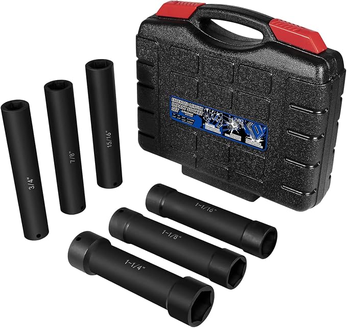 1/2 Inch Drive Extended Length Impact Socket Set - 6 Piece Extra Deep Impact Socket Set - Hex Size 3/4", 7/8", 15/16", 1-1/16", 1-1/8", 1-1/4" Heavy Duty With Storage Case For High Torque Use