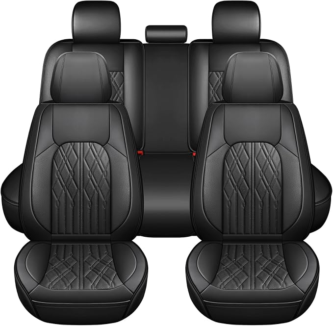 Huidasource Leather Seat Covers Full Set, Car Seat Cover Universal Fit for Most Cars Sedans SUVs Trucks, Airbag Compatible, Cup Holder Access, Easy Install, Wipes Clean, Wear-Resistant, Black