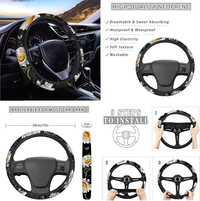 Suobstales Frog Daisy Marble Print Car Seat Covers Front Back Split Bench Protector for SUV Truck Van, 15 Inch Steering Wheel Covers, Seat Belt Covers, Coasters, Keychain Auto Decor for Women Men