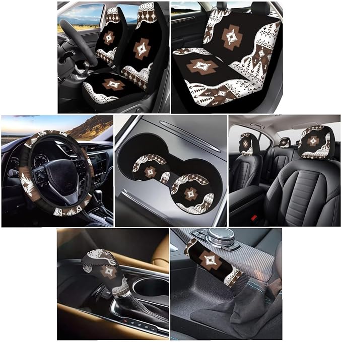 Wanyint Southwest Aztec Black Brown Car Seat Protector - 11 PCS Set with Steering Wheel, Headrest, Cup Coasters, Handbrake, Gear Shift Knob Covers