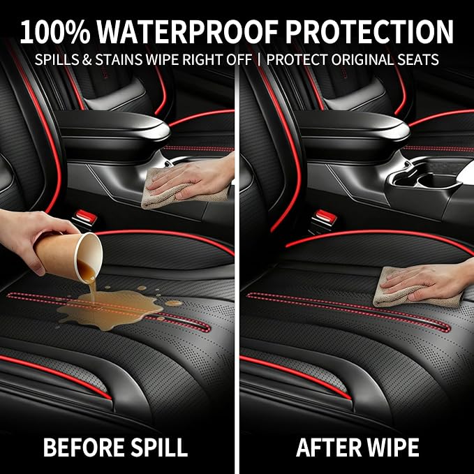 Fit SRX Car Seat Covers for Select Cadillac SRX 2010-2016 - Premium Full Coverage Leather, Airbag Compatible & Scratch-Resistant, Waterproof & All Weather Seat Protector, Full Set, Red Trim
