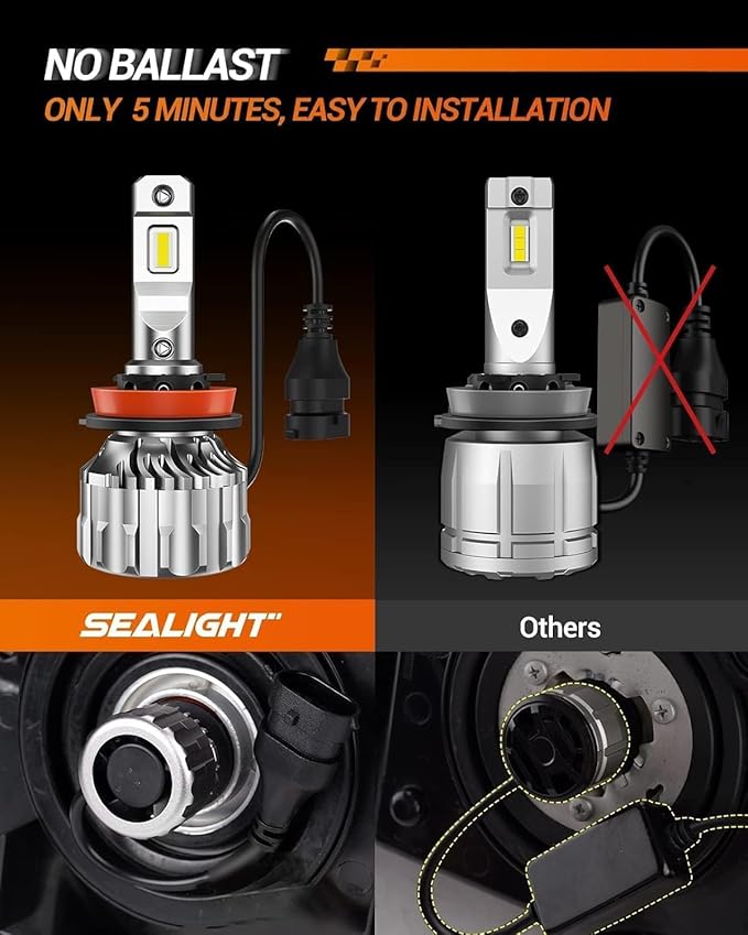 SEALIGHT H11 9005 Light Bulbs Combo, 92,000 Lumens 800% Brighter 6500K Cool White Light, 1:1 Size 9005/HB3 H11/H9/H8 DRL Fog Light Halogen Replacement, Plug-N-Play, Pack of 4