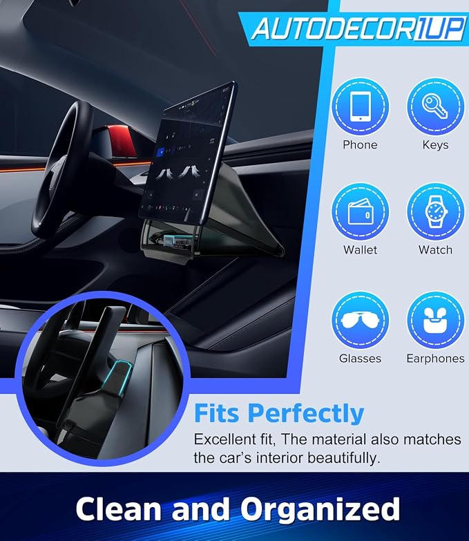Hidden Under Screen Storage Box for 2016-2026 Tesla Model 3/Y & Model 3 Highland with Silicone Anti-Slip Mat Easy Install Hidden Design Center Console Organizer Tray