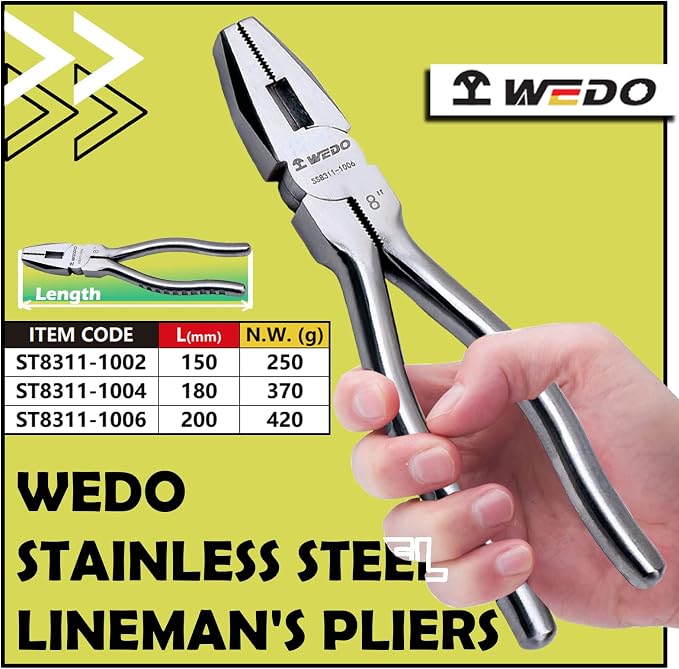 WEDO 8" Stainless Steel Lineman's Pliers,Side Cutting Pliers,Combination Pliers, Side Cutter, Wire Stripper, Crimper, Cut ACSR, Screws, Nails, Hard Wire, Corrosion Resistant