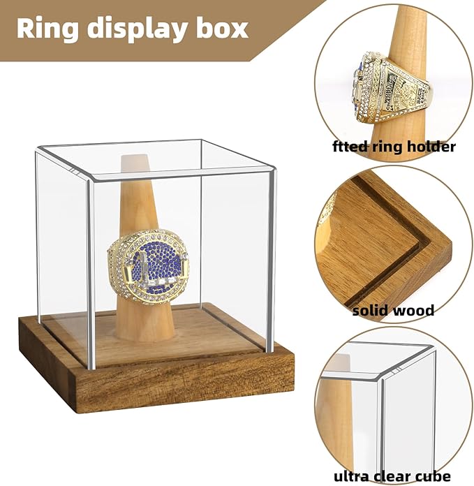 Clear Acrylic Championship Ring Display Case with Wood Stand Base, Memorabilia Stand Cube Holder Dust Protection Transparent Storage Box for Sports Baseball Basketball Fan Souvenir Protection Supplies