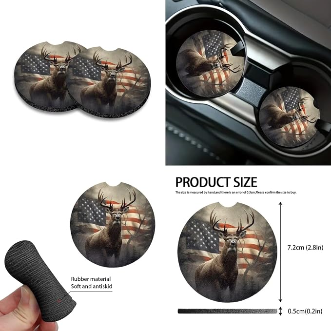Deer American Flag Print 10 Pieces Car Accessories Sets Wear-Resistan Front Rear Bench Bucket Seat Cover Steering Wheel Cover Car Garbage Can Air Vent Pouch Coaster Keychain Vehicle Interior