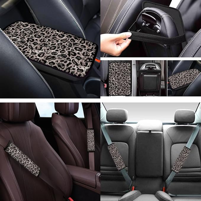 Gray Leopard Print 12 Pack Car Seat Covers Full Set with Steering Wheel Accessories Car Seat Belt Cover Arm Rest Cover Car Cup Coasters Universal Fit for Most Cars,SUVs