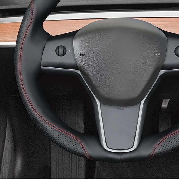 MEWANT Hand Stitch Black Genuine Leather Steering Whee Cover for Tesla Model 3 Model Y 2020-2023 DIY Steering Wheel Wrap