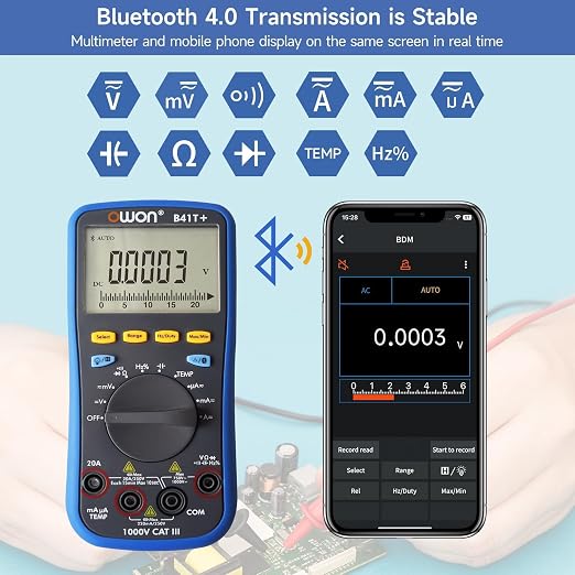 OWON B41T+ Bluetooth Digital Multimeter Auto-ranging TRMS 22000 Counts Ohmmeter for AC/DC Voltage,Current,Resistance,Continuity,Capacitance,Diodes,Temperature Measurement,Volt Meter for Automotive