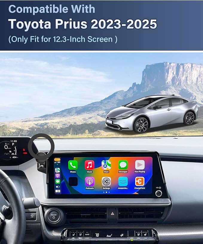 PZK Car Phone Holder for Toyota Prius 2023 2024 2025 XLE/Limited Accessories 12.3-Inch Screen Fixed Clip Magnetic Compatible with MagSafe Car Phone Mount with Sunglasses Storage Box 360° Rotate